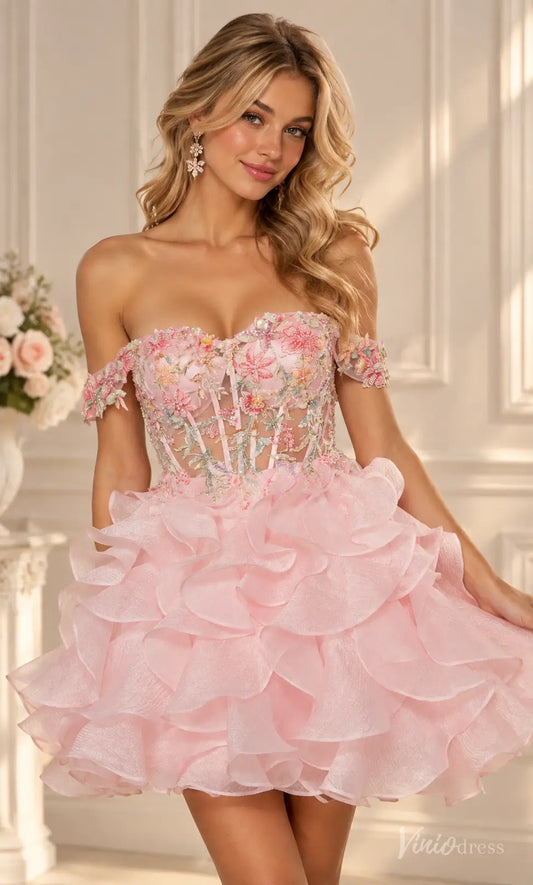 Blush pink off-the-shoulder homecoming dress with floral embroidery, sheer corset bodice, and a ruffled mini skirt.