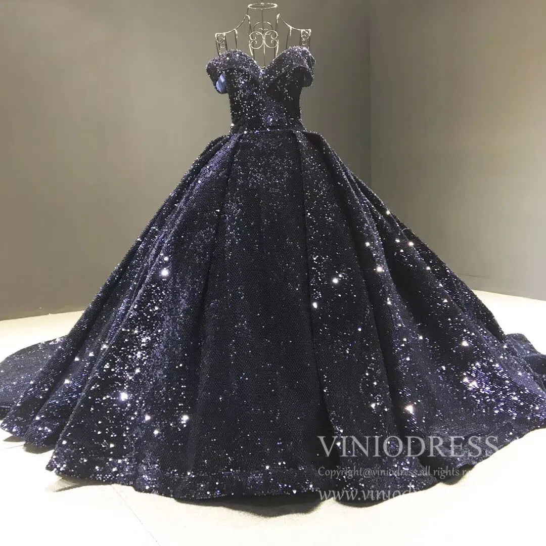 Off the Shoulder Green Prom Dresses Plus Size Vintage Ball Gowns 66742 viniodress-prom dresses 2025 -Viniodress-Navy Blue-Custom Size-