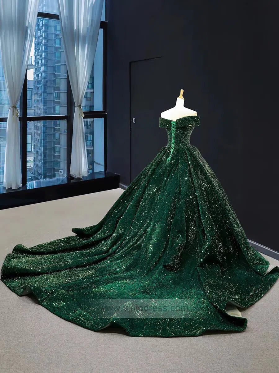 Off the Shoulder Green Prom Dresses Plus Size Vintage Ball Gowns 66742 viniodress-prom dresses 2025 -Viniodress-Emerald Green-Custom Size-