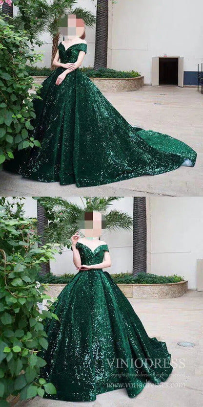 Off the Shoulder Green Prom Dresses Plus Size Vintage Ball Gowns 66742 viniodress-prom dresses 2025 -Viniodress-Emerald Green-Custom Size-