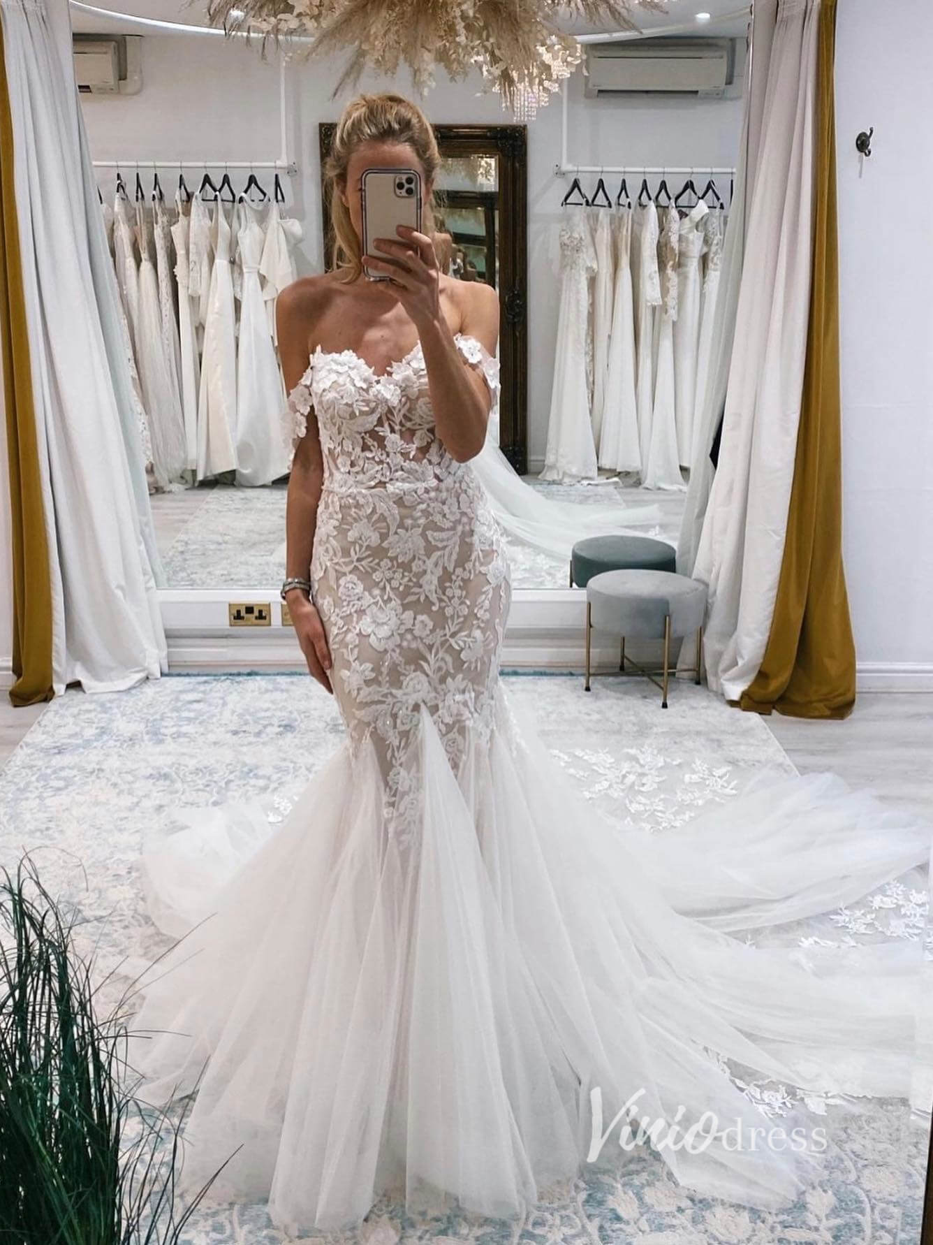 Off the Shoulder Lace Mermaid Wedding Dresses VW2136-wedding dresses 2025 -Viniodress-Nude-Custom Size-