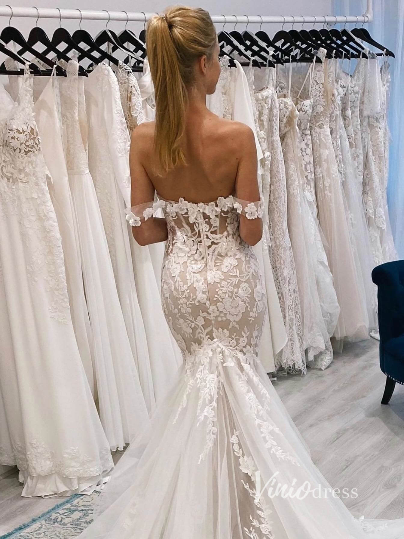 Off the Shoulder Lace Mermaid Wedding Dresses VW2136-wedding dresses 2025 -Viniodress-Nude-Custom Size-