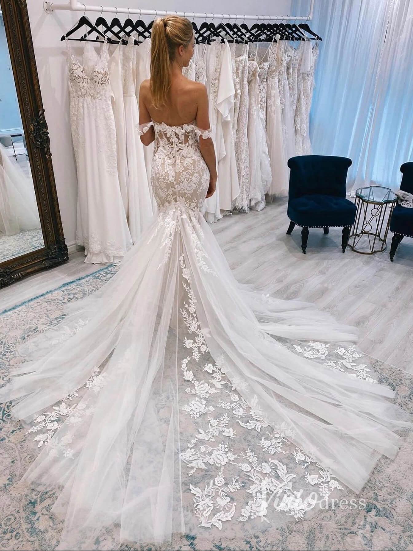 Off the Shoulder Lace Mermaid Wedding Dresses VW2136-wedding dresses 2025 -Viniodress-Nude-Custom Size-