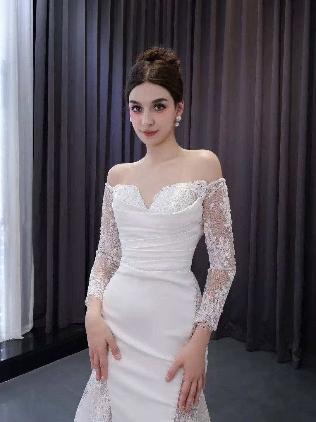 Off the Shoulder Lace Wedding Dresses Sheath Modern Bridal Dress with Sleeves 222242-wedding dresses 2025 -Viniodress-Ivory-Custom Size-