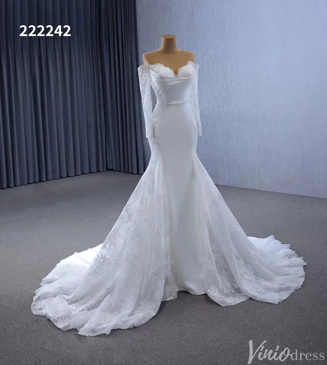 Off the Shoulder Lace Wedding Dresses Sheath Modern Bridal Dress with Sleeves 222242-wedding dresses 2025 -Viniodress-Ivory-Custom Size-