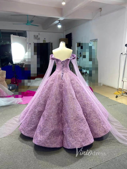 Off the Shoulder Lilac Ball Gown Wedding Dress 66661 Extra Long Cape Sleeves-prom dresses 2025 -Viniodress-Lilac-Custom Size-