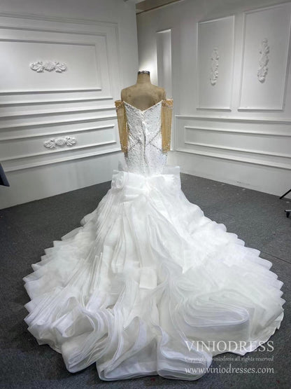 Off the Shoulder Long Sleeve Mermaid Wedding Dresses Ruffled Rosette Skirt VW2035-wedding dresses 2025 -Viniodress-#1-As Picture-Custom Size