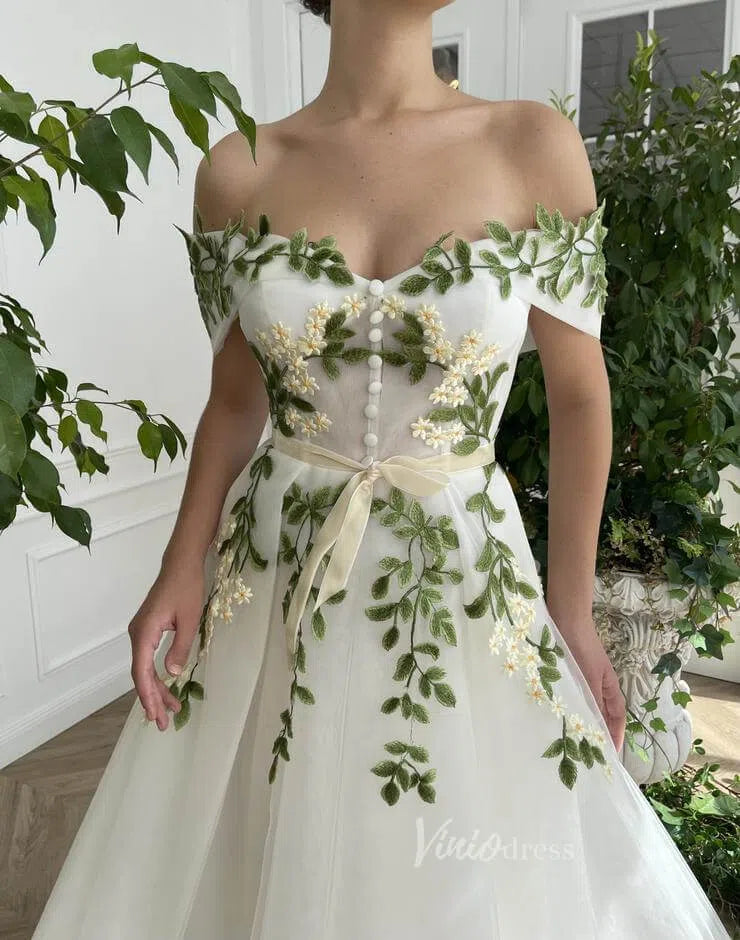 Off the Shoulder Midi Prom Dress Green Leaf Appliqued Prom Tea Length Dress FD1734-prom dresses 2025 -Viniodress-Ivory-Custom Size-