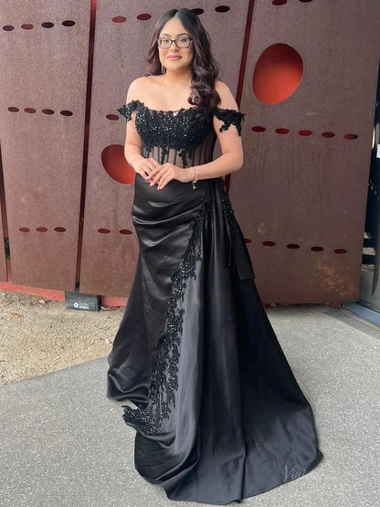 Off the Shoulder Satin Mermaid Prom Dresses 2025 with Slit & Lace Bodice – FD5063-prom dresses 2025 -Viniodress-Black-Custom Size-