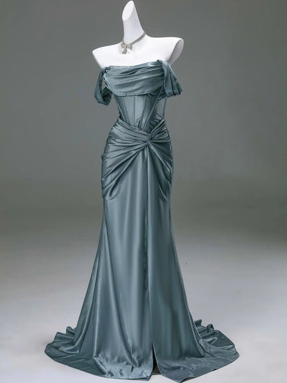 Off the Shoulder Satin Sheath Prom Dresses with Slit Basque Waistline Evening Gown - CQ0137-Prom Dresses 2025 -Viniodress-Dusty Blue-Custom Size-