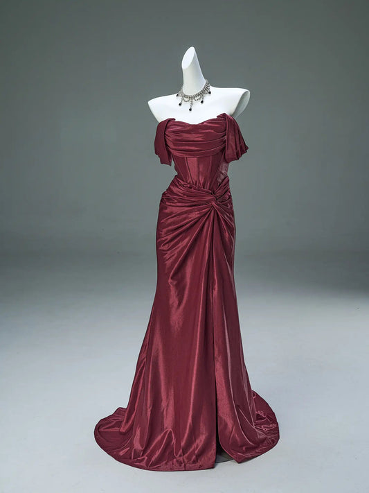Off the Shoulder Satin Sheath Prom Dresses with Slit Basque Waistline Evening Gown - CQ0137-Prom Dresses 2025 -Viniodress-Burgundy-Custom Size-