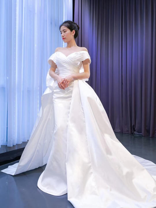 Off the Shoulder Sheath Satin Overskirt Wedding Dresses 67277-wedding dresses 2025 -Viniodress-Ivory-Custom Size-