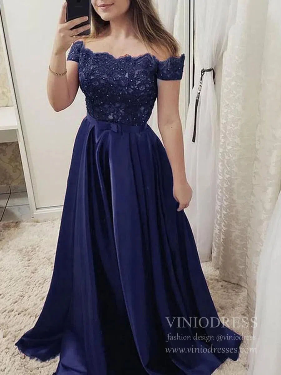 Off the Shoulder Simple Burgundy Prom Dresses for Junior FD1294-prom dresses-Viniodress-Navy Blue-Custom Size-Viniodress