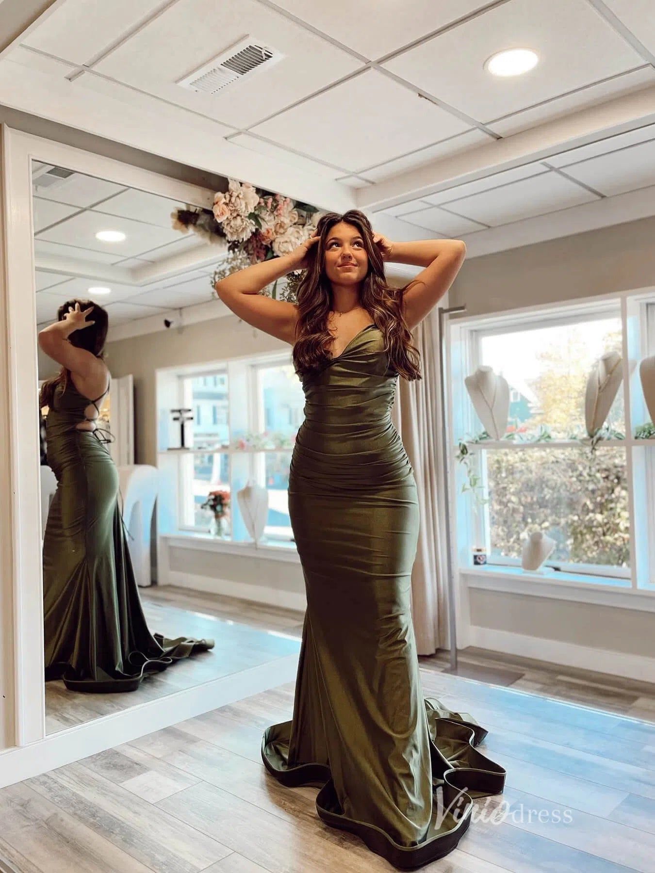 Olive Green Mermaid Satin Prom Dresses Spaghetti Strap Evening Dress F – Viniodress