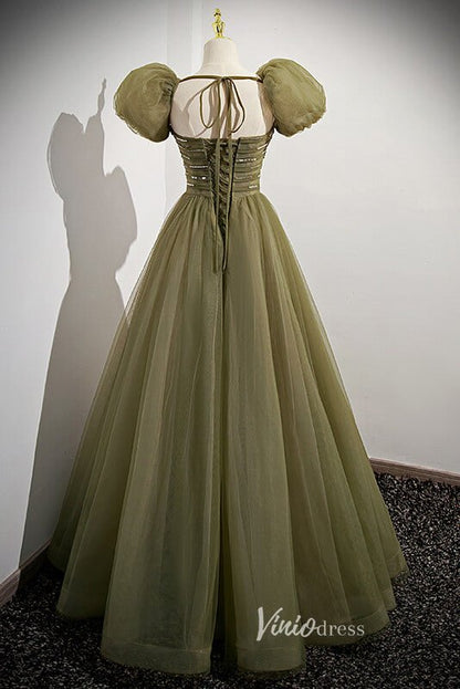 Olive Green Puffed Sleeve Prom Dresses Beaded Tulle Formal Dress FD90013-prom dresses 2025 -Viniodress-Olive Green-Custom Size-