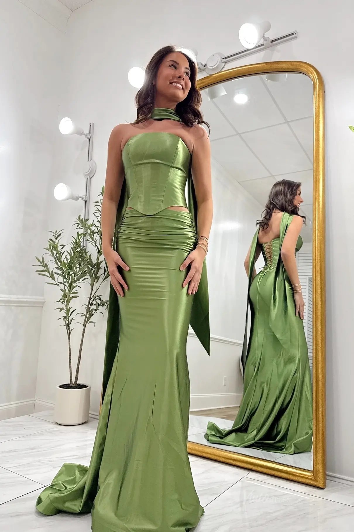 Olive Green Satin Mermaid Prom Dress with Scarf Neck – SS403 – Viniodress
