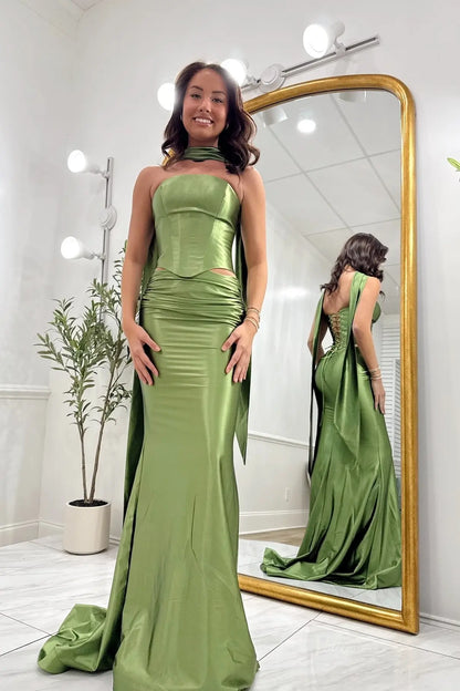 Olive Green Satin Mermaid Prom Dress with Scarf Neck – SS403 – Viniodress