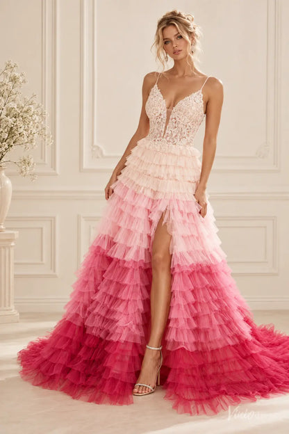 Ombre Ruffled Tulle Prom Dresses with Lace Bodice, High Slit & Spagehtti Straps RF511