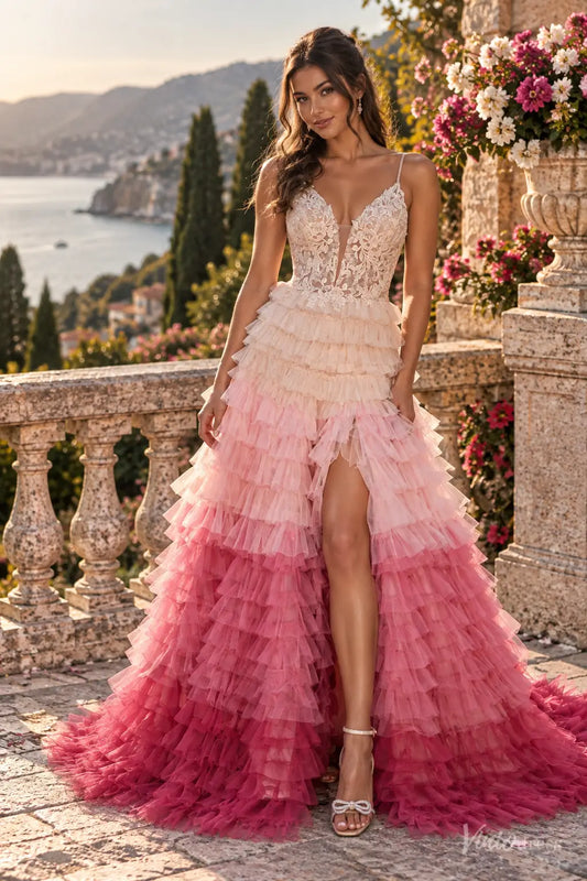 Ombre pink ruffled tulle prom dress with lace bodice, spaghetti straps, and high slit skirt.