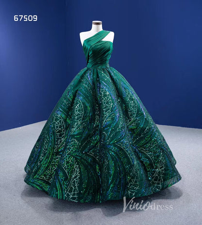One-Shoulder Emerald Green Ball Gown | Wedding & Debutante Dress 67509-Quinceanera Dresses 2025 -Viniodress-Emerald Green-Custom Size-