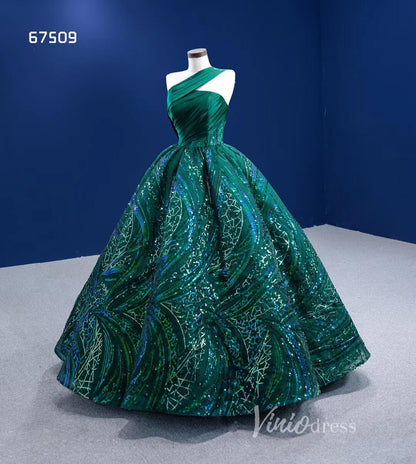 One-Shoulder Emerald Green Ball Gown | Wedding & Debutante Dress 67509-Quinceanera Dresses 2025 -Viniodress-Emerald Green-Custom Size-