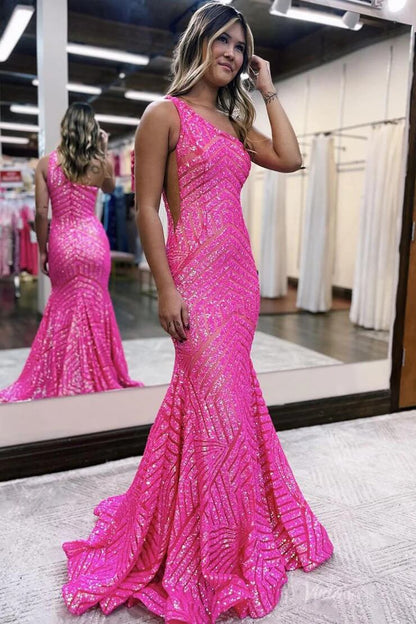 One Shoulder Geometric Sequin Prom Dress Mermaid Evening Gown with Asymmetrical Neckline SQ003-prom dresses 2026-Viniodress-Burgundy-Custom Size-