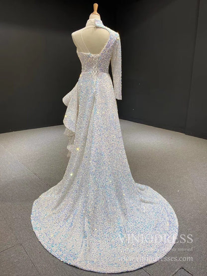 One Shoulder Long Sleeve Sequin Prom Dresses Sheath Overskirt Pageant Gown FD1993-prom dresses 2025 -Viniodress-Dark Red-Custom Size-