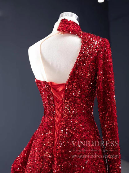One Shoulder Long Sleeve Sequin Prom Dresses Sheath Overskirt Pageant Gown FD1993-prom dresses 2025 -Viniodress-Dark Red-Custom Size-