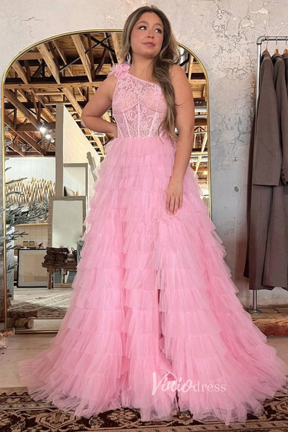 One Shoulder Ruffle Prom Dresses Long with Slit Lace Bodice FD3507-prom dresses 2025 -Viniodress-Red-Custom Size-