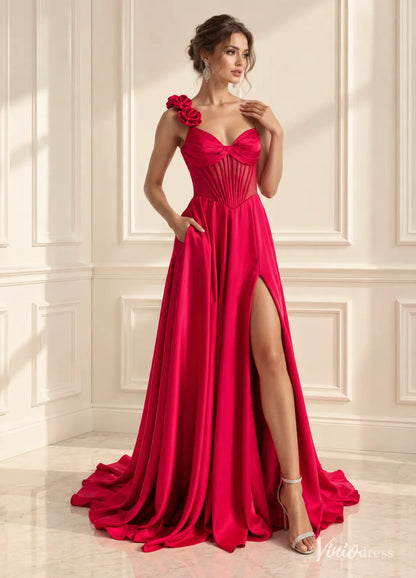 One Shoulder Satin Prom Dresses with Corset Bodice, Floral Strap, Slit & Pockets AS125