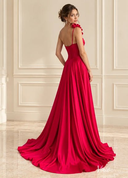 One Shoulder Satin Prom Dresses with Corset Bodice, Floral Strap, Slit & Pockets AS125