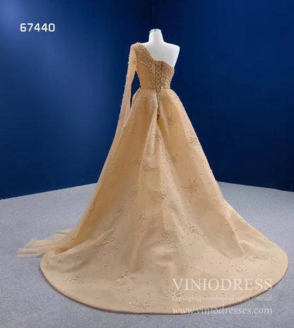 One Shoulder Watteau Sleeve Formal Dress Gold Pearl Pageant Gown 67440-prom dresses 2025 -Viniodress-Gold-Custom Size-