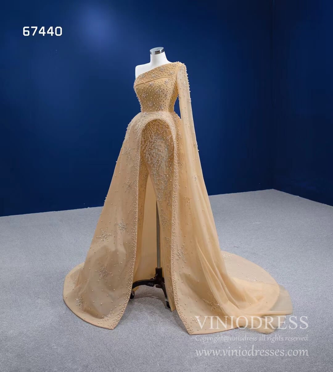 One Shoulder Watteau Sleeve Formal Dress Gold Pearl Pageant Gown 67440-prom dresses 2025 -Viniodress-Gold-Custom Size-