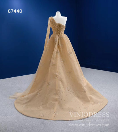 One Shoulder Watteau Sleeve Formal Dress Gold Pearl Pageant Gown 67440-prom dresses 2025 -Viniodress-Gold-Custom Size-