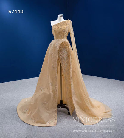 One Shoulder Watteau Sleeve Formal Dress Gold Pearl Pageant Gown 67440-prom dresses 2025 -Viniodress-Gold-Custom Size-