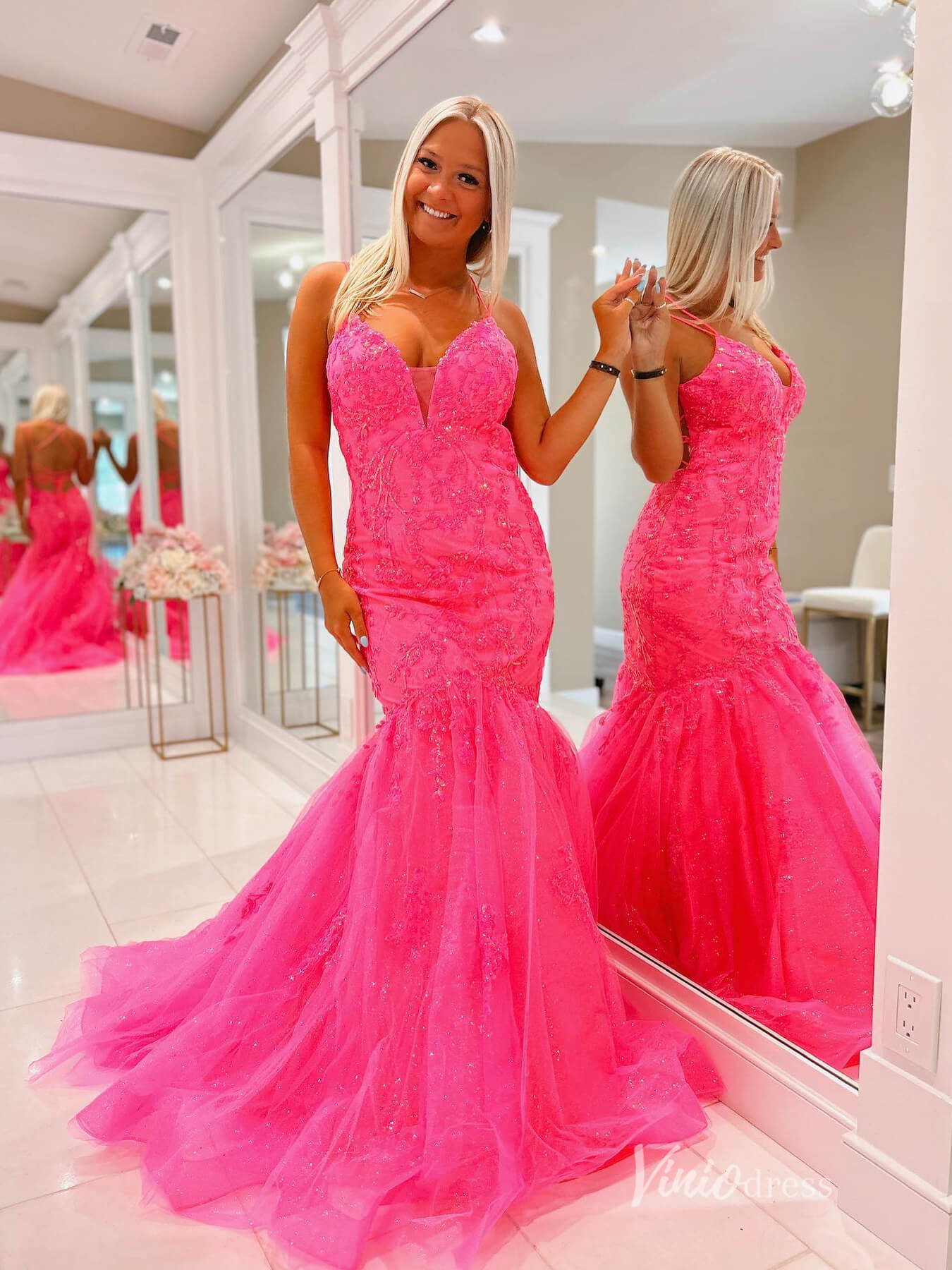 Open Back Hot Pink Mermaid Prom Dresses Spaghetti Strap V-neck Formal – Viniodress