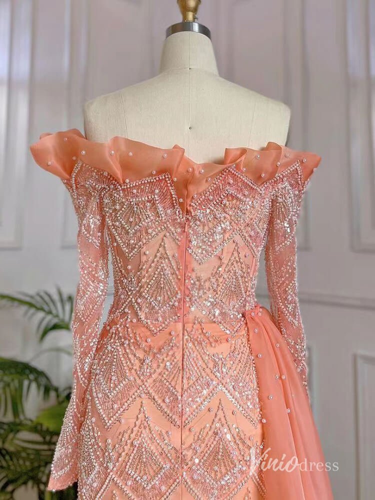 Orange Beaded Long Sleeve Evening Dresses Off the Shoulder Mother of the Bride Dresses AD1128-Evening Dresses 2025 -Viniodress-Orange-US 2-