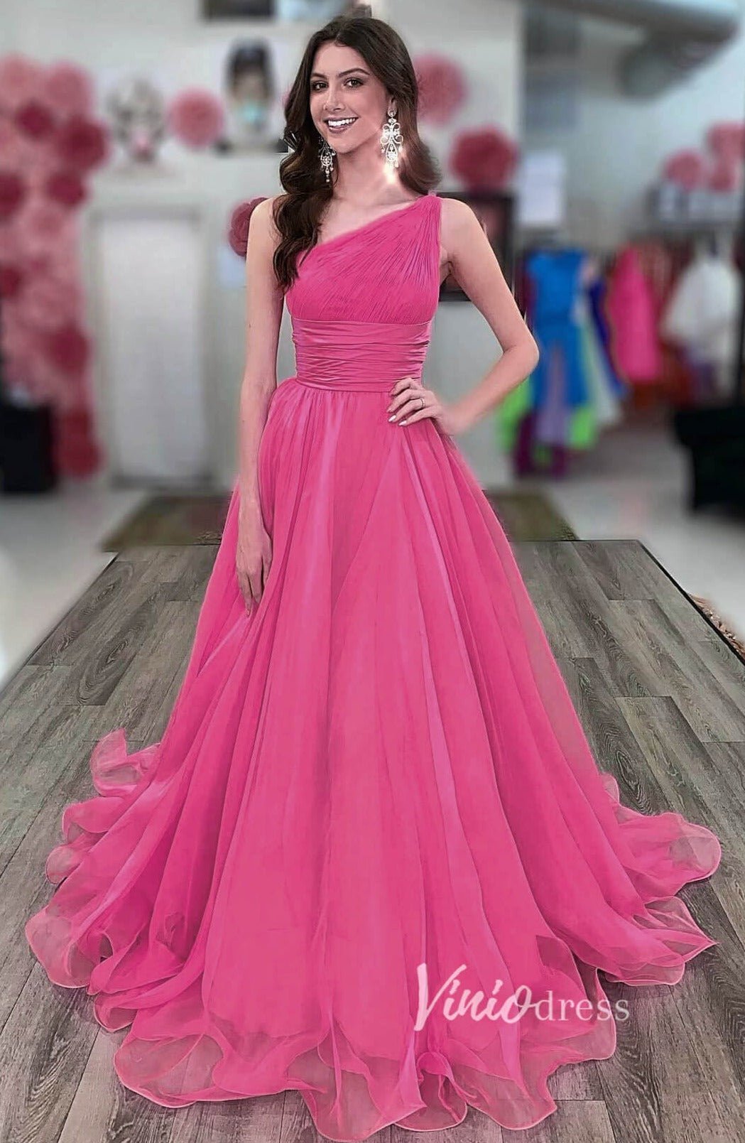 Orange Chiffon Prom Dresses One Shoulder Evening Gown FD2759-prom dresses 2025 -Viniodress-Fuchsia-Custom Size-