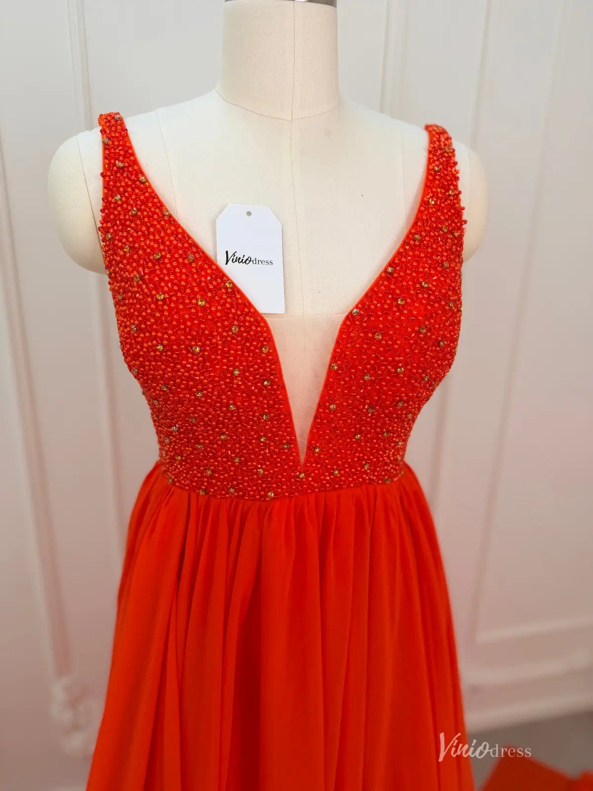 Orange Chiffon Prom Dresses with Slit Beaded Bodice Plunging V-Neck FD3992-prom dresses 2026-Viniodress-Orange-Custom Size – Add Measurements in Cart-