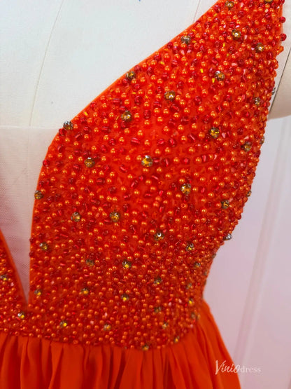 Orange Chiffon Prom Dresses with Slit Beaded Bodice Plunging V-Neck FD3992-prom dresses 2026-Viniodress-Orange-Custom Size – Add Measurements in Cart-