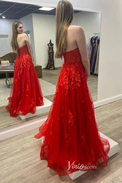 Orange Lace Applique Prom Dresses Strapless Evening Dress FD2940-prom dresses 2025 -Viniodress-Orange-Custom Size-