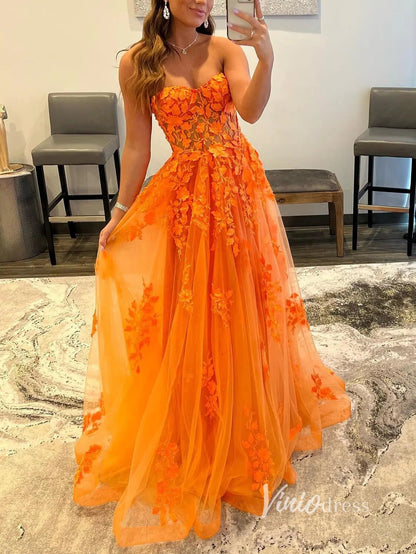 Orange Lace Applique Prom Dresses Strapless Evening Dress FD2940 – Viniodress