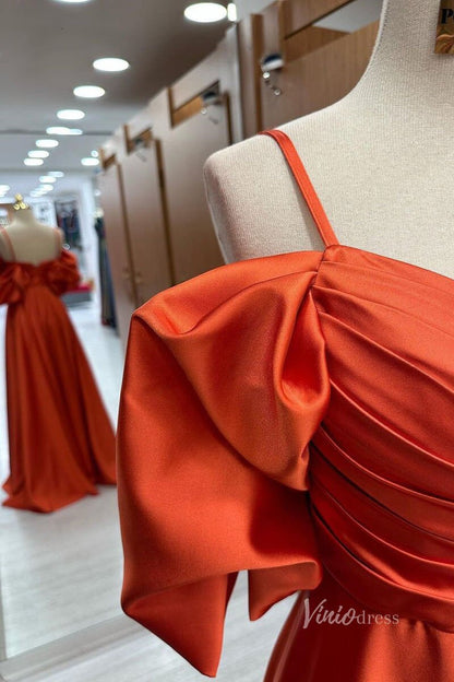 Orange Satin Pleated Prom Dresses Spaghetti Strap FD3985-prom dresses 2025 -Viniodress-Orange-Custom Size-