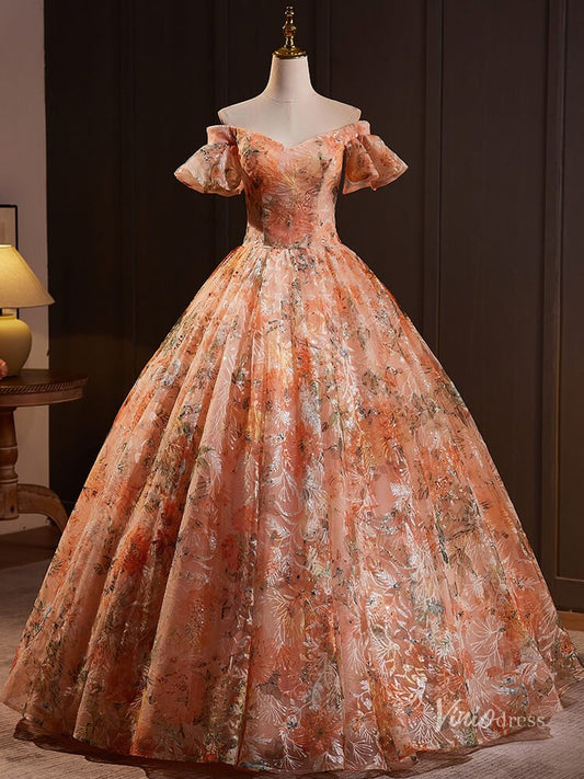 Orange Sparkly Lace Off the Shoulder Prom Ball Gown Puffed Sleeve Quinceanera Dresses BG024-prom dresses 2025 -Viniodress-Orange-Custom Size-