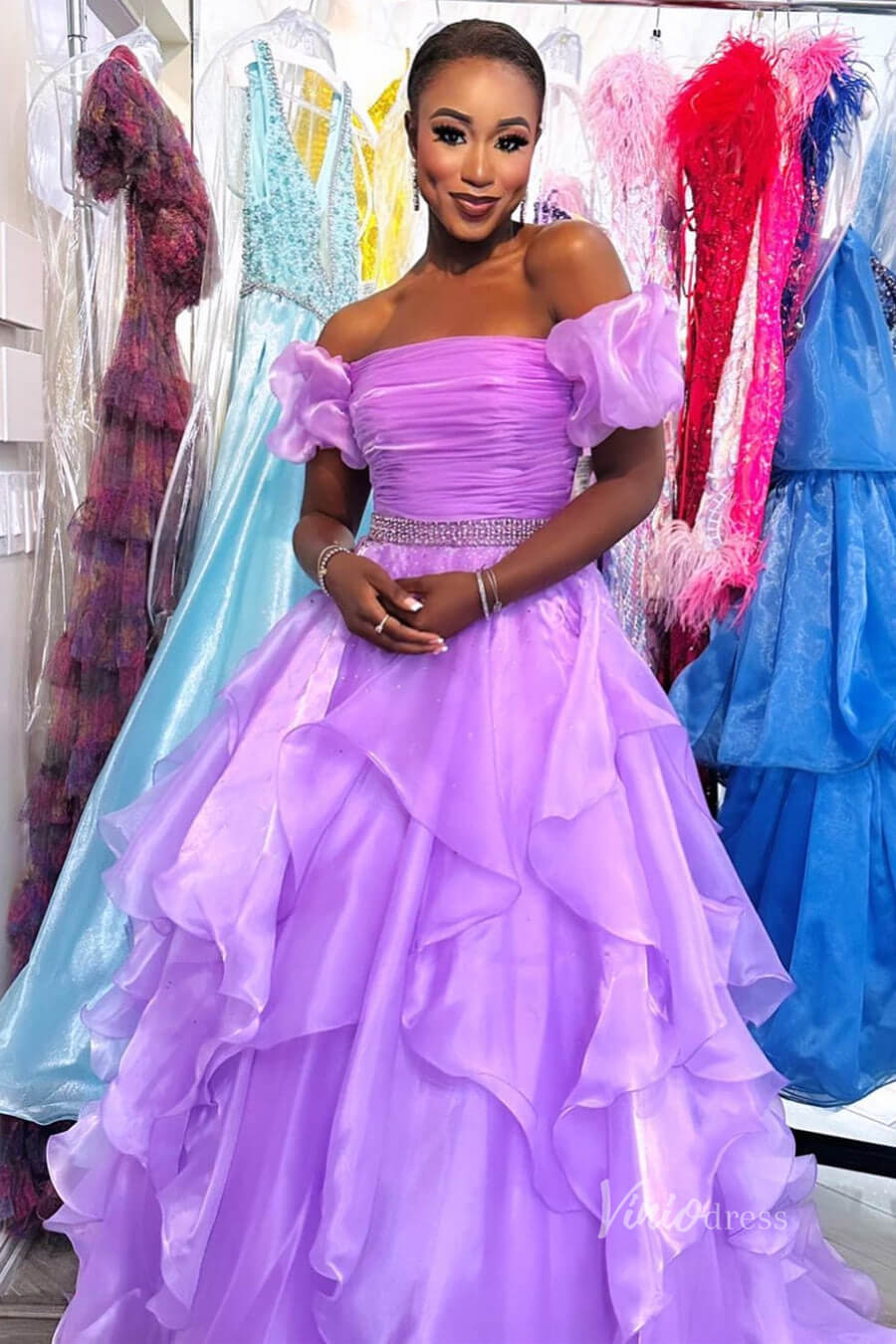 Organza Ruffle Off the Shoulder Prom Dresses Pleated Bodice Puffed Sle – Viniodress