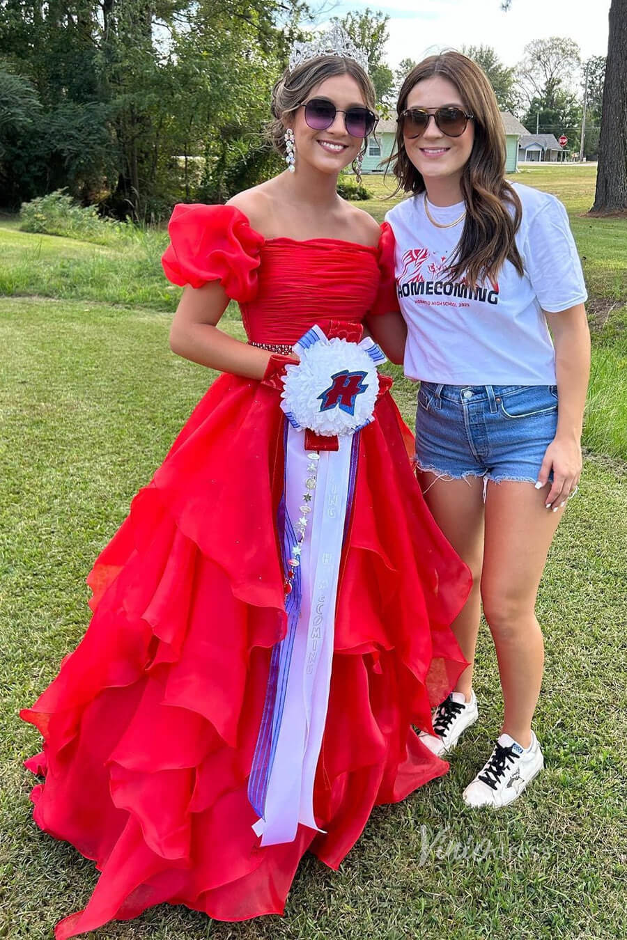 Organza Ruffle Off the Shoulder Prom Dresses Pleated Bodice Puffed Sleeve FD4005-prom dresses 2025 -Viniodress-Hot Pink-Custom Size-