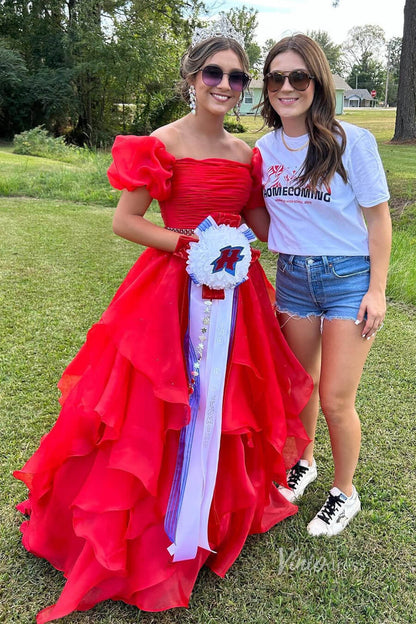 Organza Ruffle Off the Shoulder Prom Dresses Pleated Bodice Puffed Sleeve FD4005-prom dresses 2025 -Viniodress-Hot Pink-Custom Size-