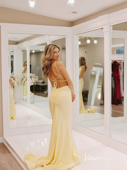 Pale Yellow Satin Prom Dresses Mermaid Spaghetti Strap Evening Dress Lace-up Back FD3678