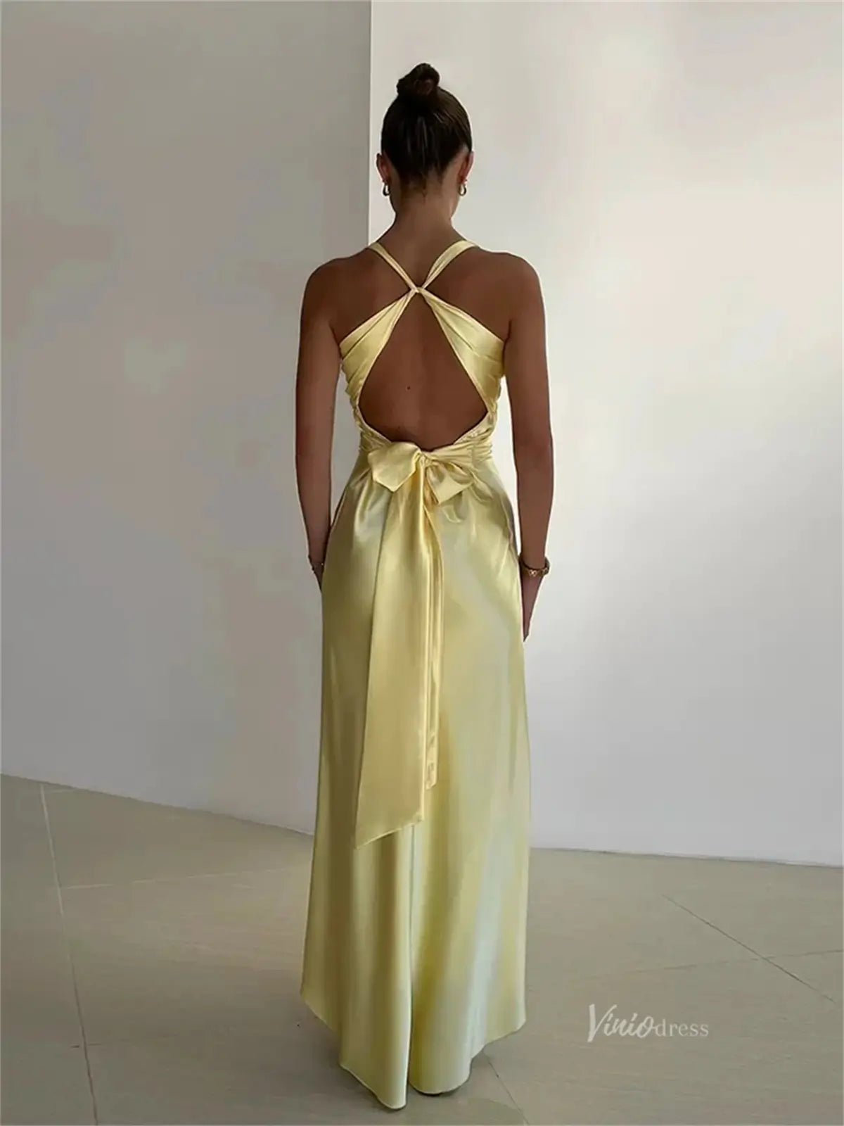 Pastel Yellow Satin Prom Dresses V-neck Evening Dress Open Back FD6001 – Viniodress
