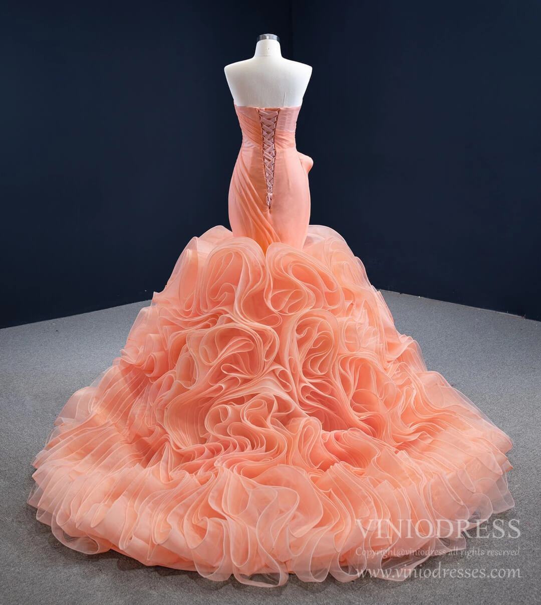 Peach Rosette Trumpet Wedding Dresses Strapless Pageant Gown 67212 viniodress-prom dresses 2025 -Viniodress-Peach-Custom Size-